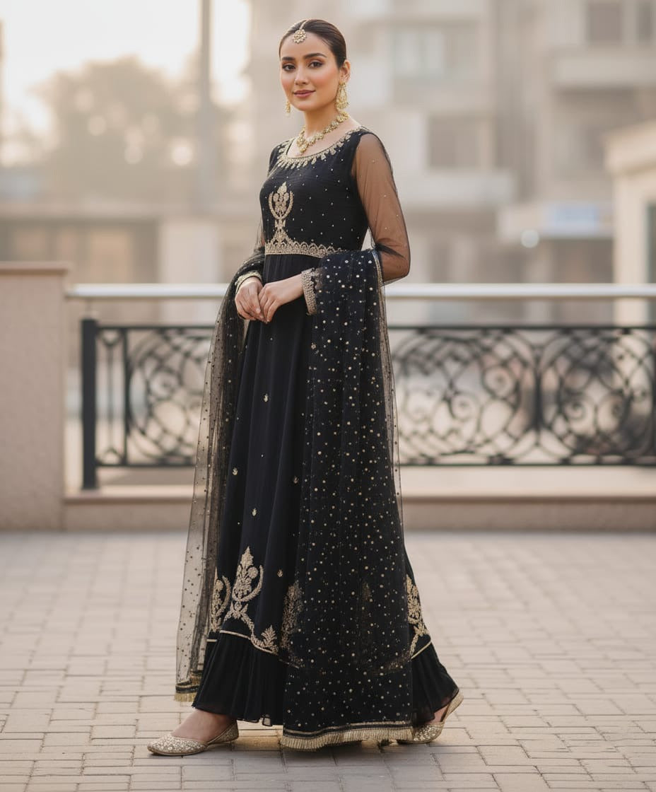 Organza 3 Piece Embroidered Frock - 317