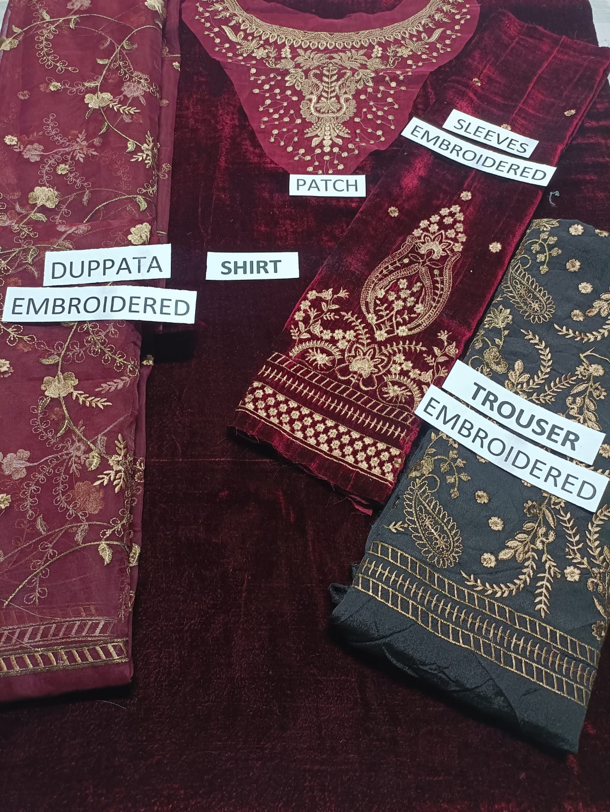 Velvet Unstitched 3 Piece Embroidered Dress -215