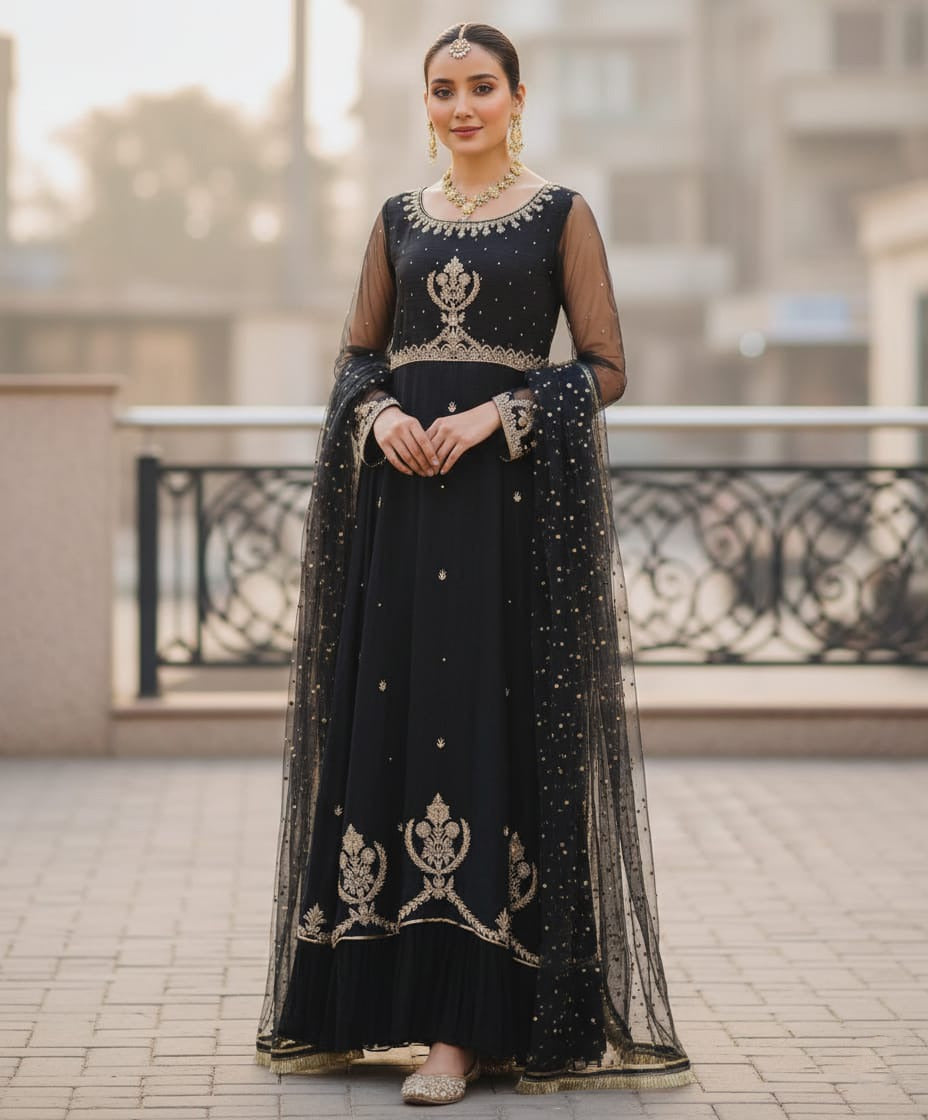 Organza 3 Piece Embroidered Frock - 317