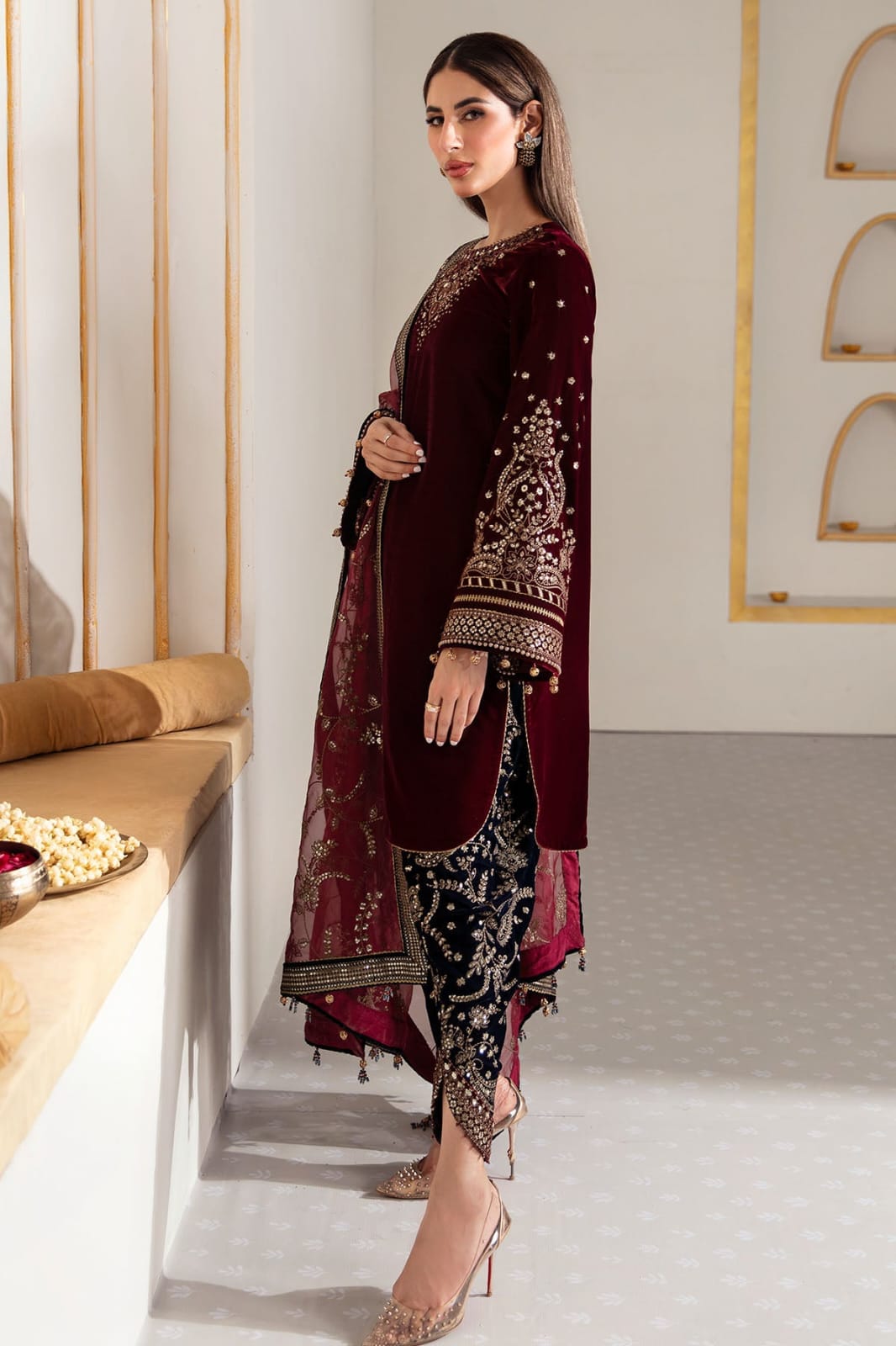Velvet 3 Piece Embroidered Dress -215