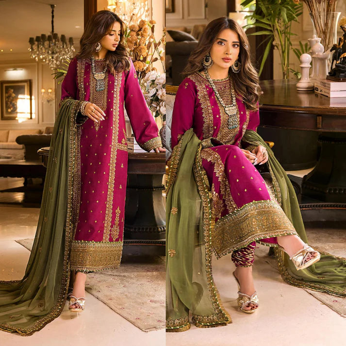 unstitched 3 piece embroidered Dhanak suit - 277