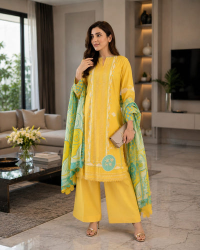 Summer Unstitched 3PCs Embroidered Lawn Dress With Manaar Dupatta   - 357