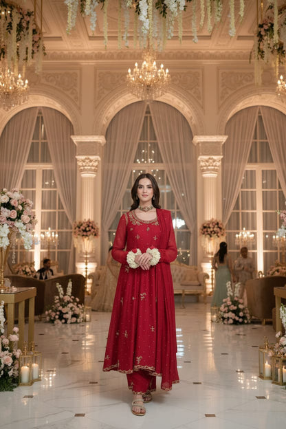 Kataan Silk 3 Piece Embroidered Frock - 32