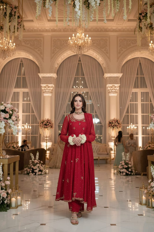 Kataan Silk 3 Piece Embroidered Frock - 32