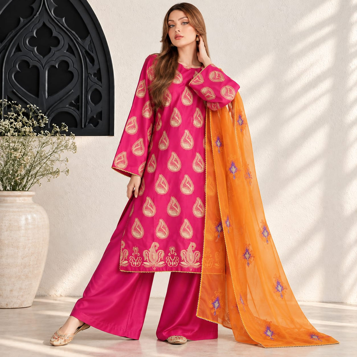 Winter Stiched 3 Piece Kataan Silk Embroidered Dress - TW 25