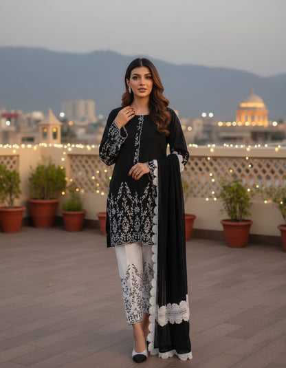 Summer Unstitched 3PCs Embroidered Lawn Dress With Monar Dupatta  -213