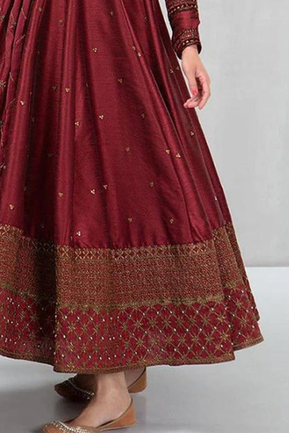 unstiched 3 piece kataan silk frock style embroidered suit -159