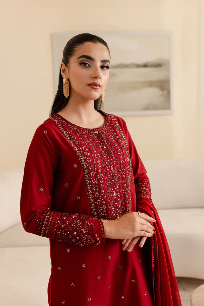 unstitched 3 piece embroidered winter suit.- 289