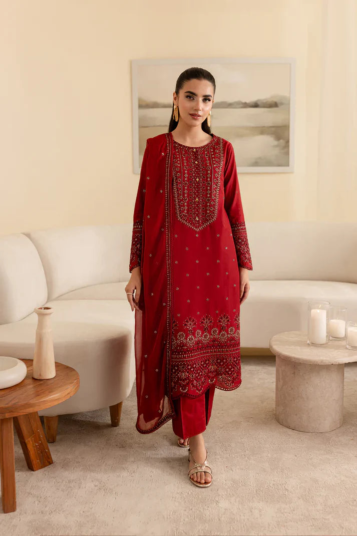 unstitched 3 piece embroidered winter suit.- 289