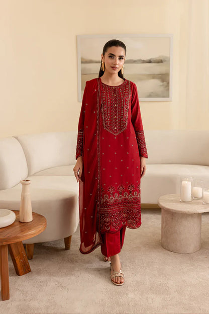 unstitched 3 piece embroidered winter suit.- 289