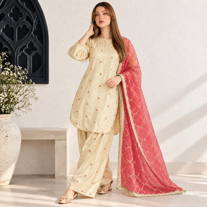 Winter Stitched Kataan Silk 3pc Embroidered Dress - TW 12