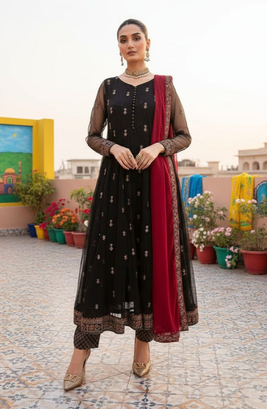 Organza 3 Piece Embroidered Frock - 216