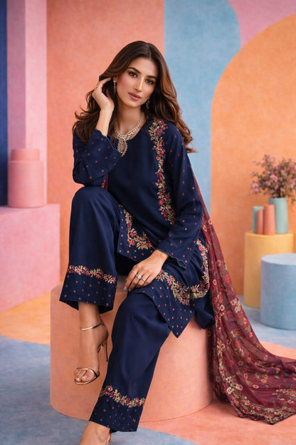 Summer Unstitched 3PCs Embroidered Lawn Dress With Manaar Dupatta   - 358