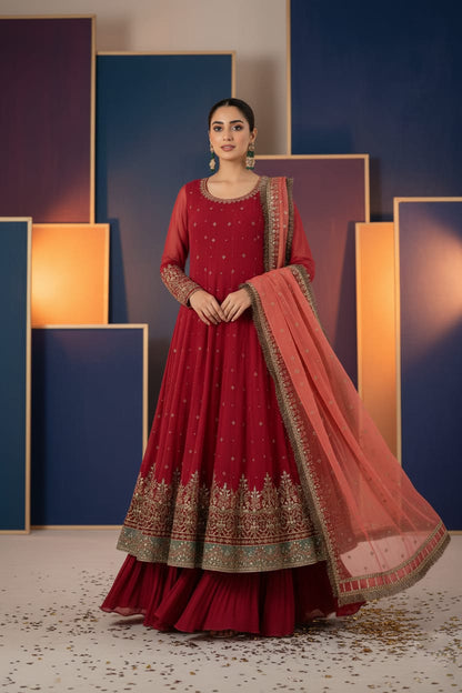 Organza 3 Piece Embroidered Frock - 222