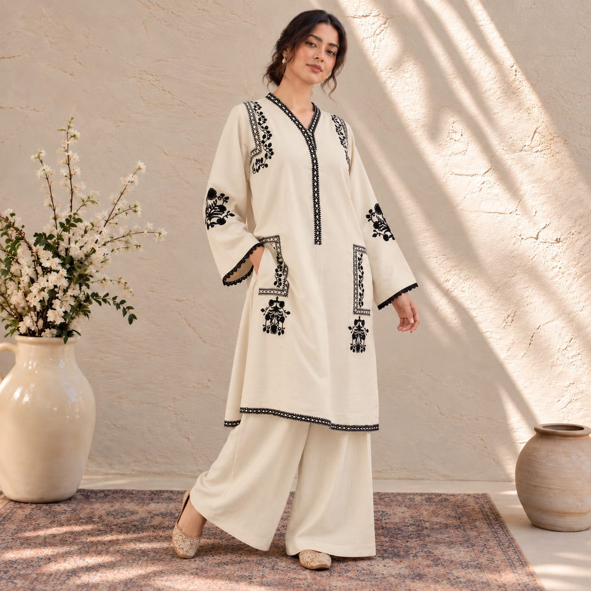 Winter Stitched Khaddar 2 Piece Embroidered Dress - TW 24
