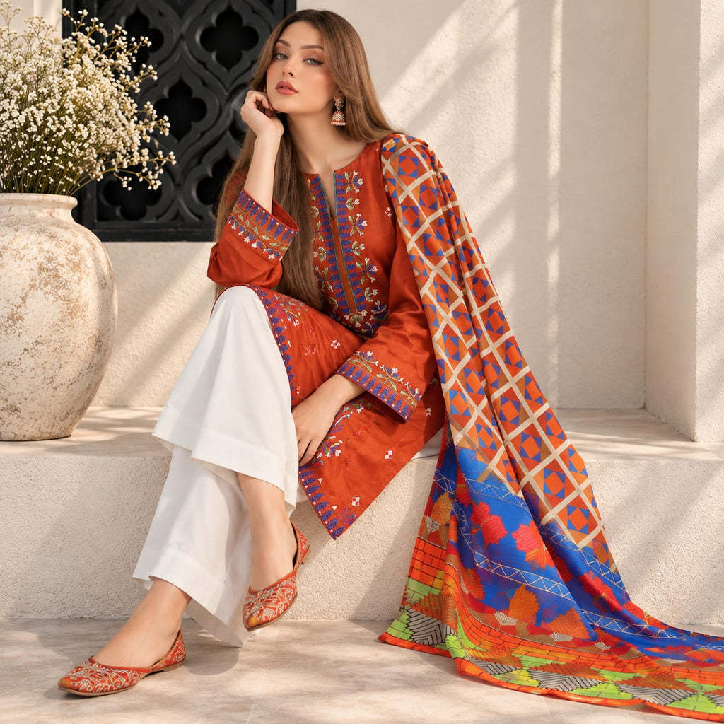 Winter Stitched 3PC Dhanak Embroidered Suit - TW 16