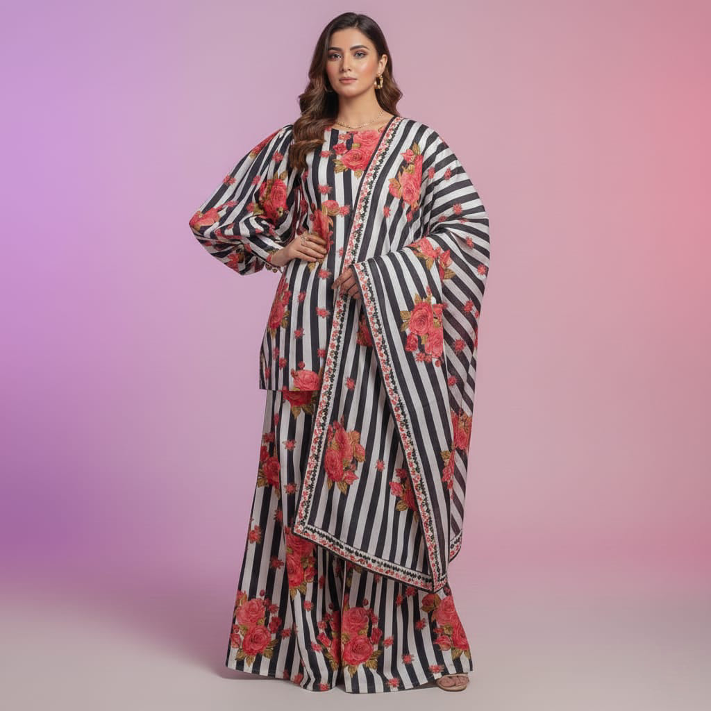 Winter 3PC Karandi Digital Print Dress - 445