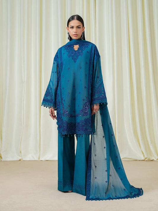 Summer Unstitched 3 Piece Sequin  Embroidered Lawn Dress With Net Dupatta - 489