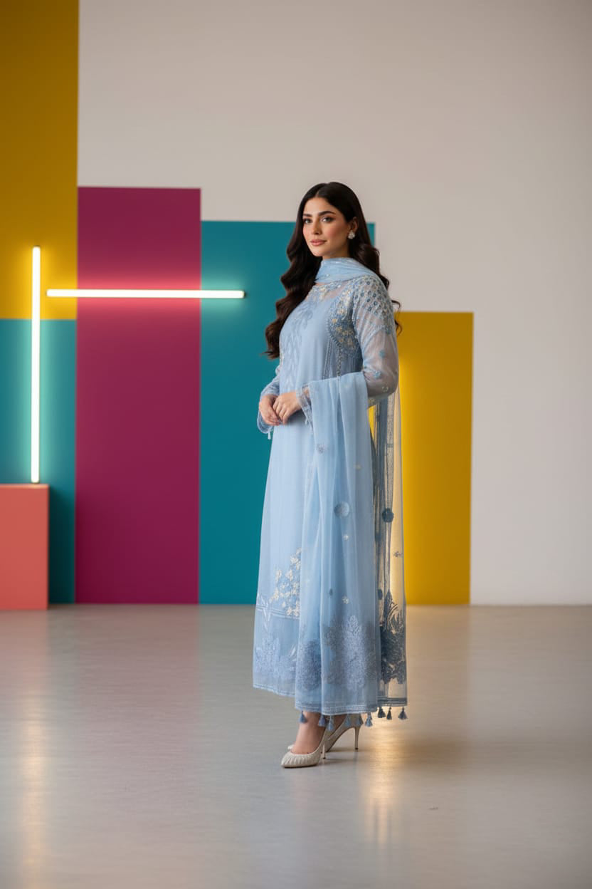 Embroidered 3pc Organza Dress with Organza Duppata  - 150