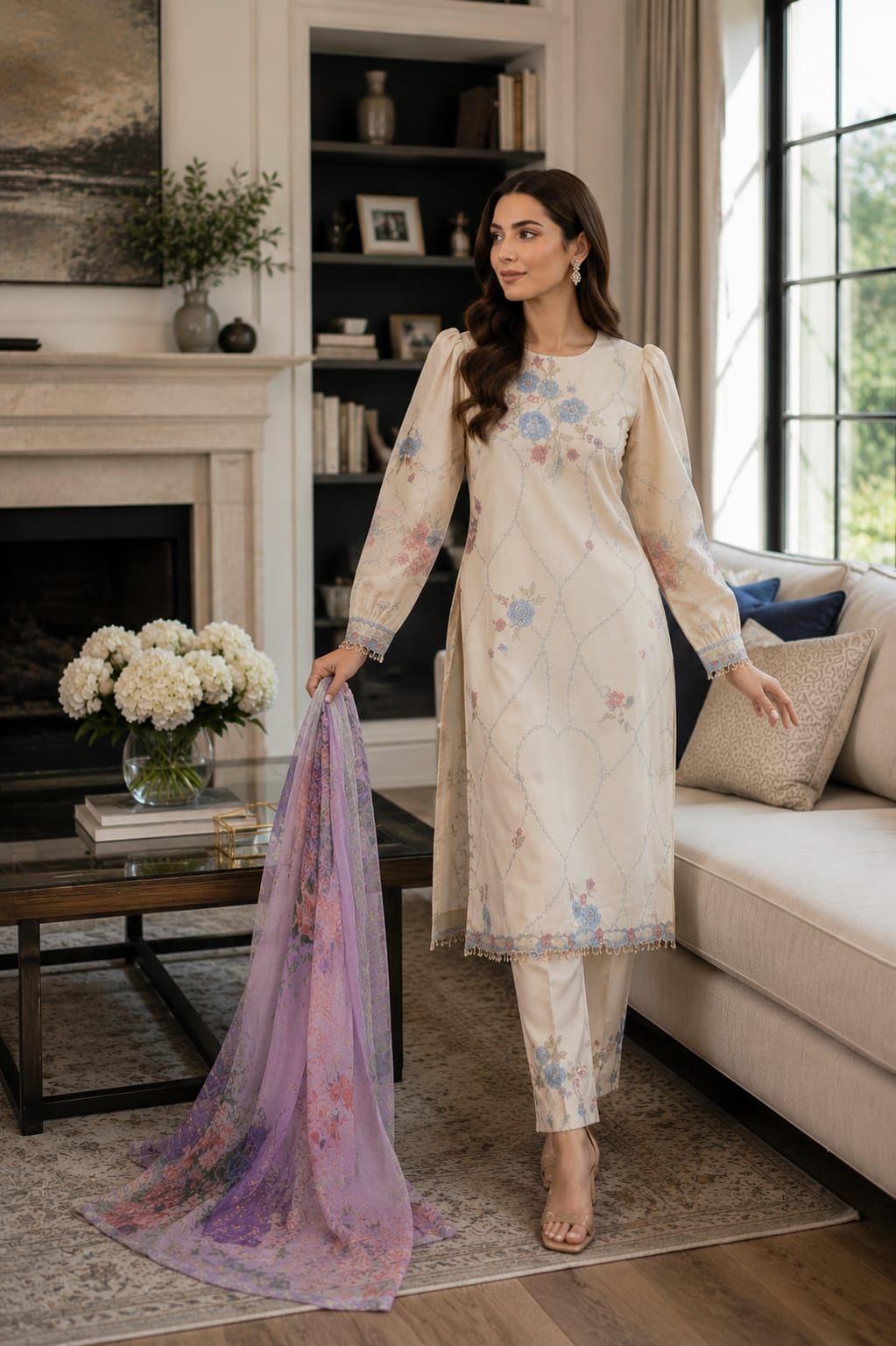 Summer Unstitched 3PCs Embroidered Lawn Dress With Monar Dupatta  -196