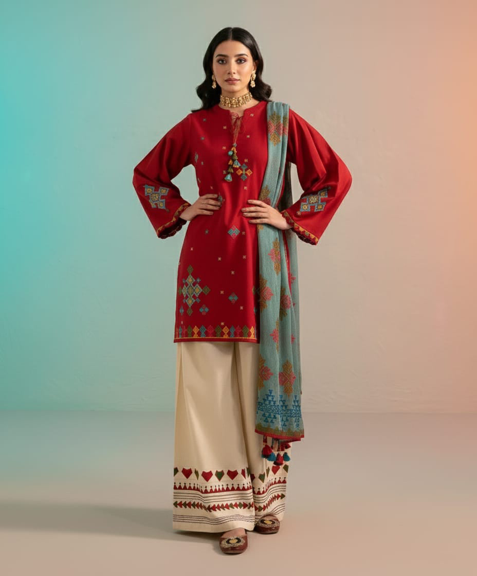 Winter 3PC Dhanak Embroidered Suit - 406