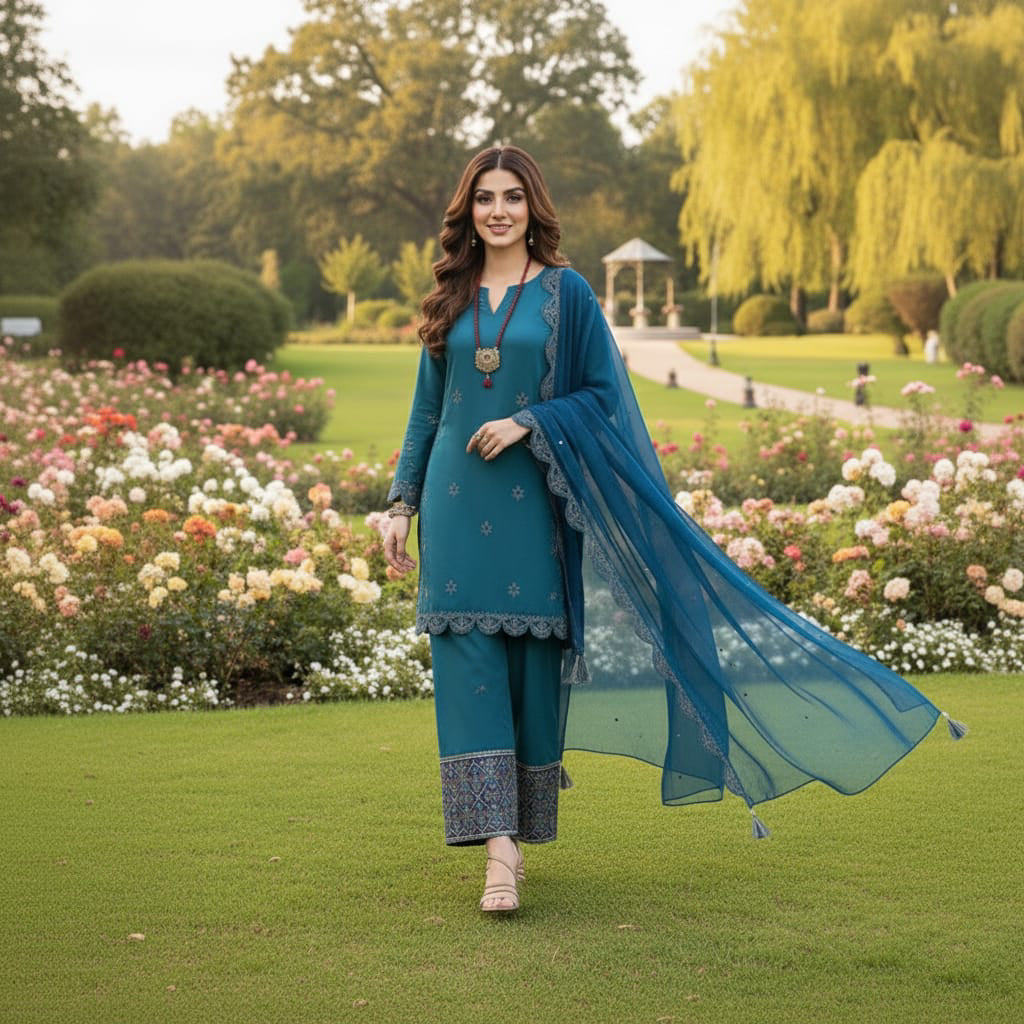 Summer Unstitched 3PCs Embroidered Lawn Dress With Monar Dupatta  -177