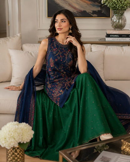 Summer Unstitched 3PCs Sequin Embroidered Lawn Dress  - 450