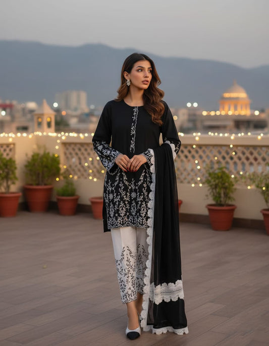 Summer Unstitched 3PCs Embroidered Lawn Dress With Monar Dupatta  -213
