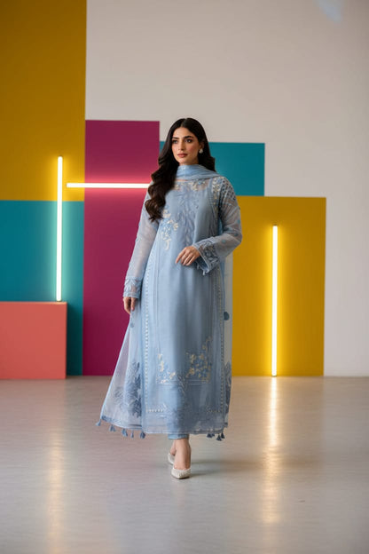 Embroidered 3pc Organza Dress with Organza Duppata  - 150