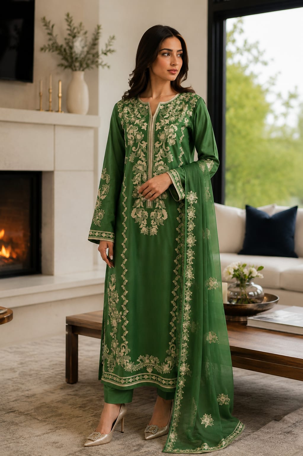 Summer Unstitched 3PCs Embroidered Lawn Dress With Net Dupatta - 486