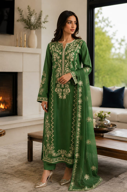 Summer Unstitched 3PCs Embroidered Lawn Dress With Net Dupatta - 486