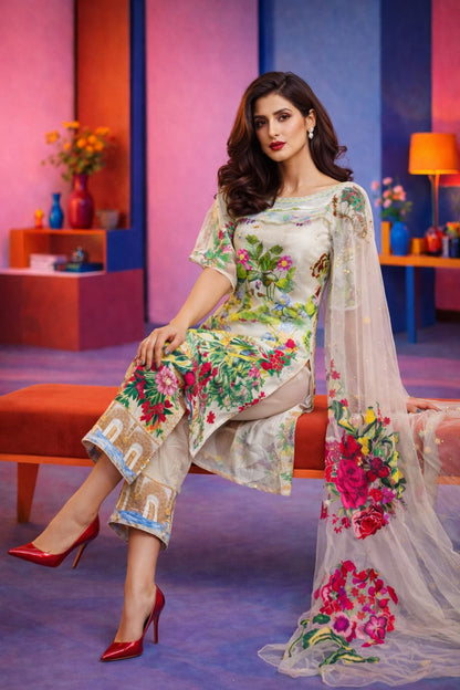 Summer Unstitched 3PCs Embroidered Lawn Dress With Monar Dupatta - 109