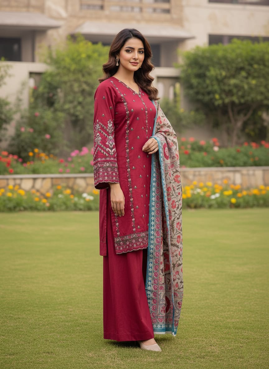 Khaddar 3 Piece Embroidered Dress - 399