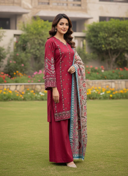 Khaddar 3 Piece Embroidered Dress - 399