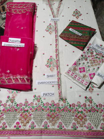 Summer Unstitched 3PCs Embroidered Lawn Dress With Organza Dupatta - 459