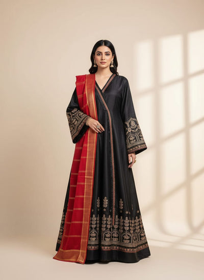 unstiched 3 piece kataan silk frock style embroidered suit - 440