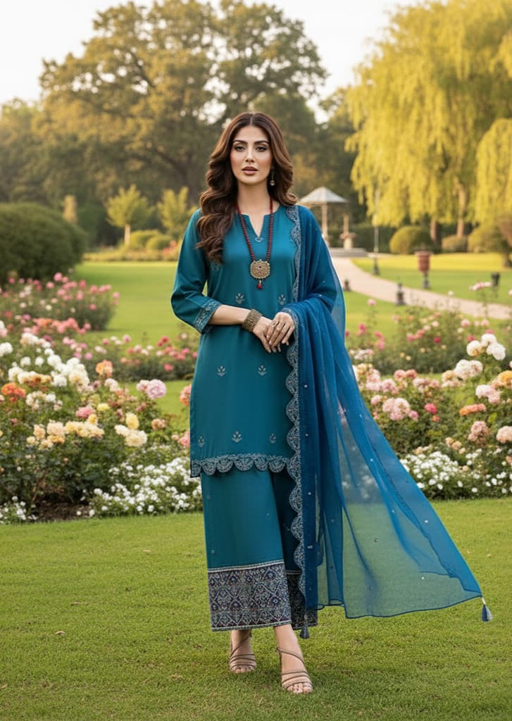 Summer Unstitched 3PCs Embroidered Lawn Dress With Monar Dupatta  -177