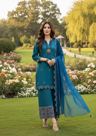 Summer Unstitched 3PCs Embroidered Lawn Dress With Monar Dupatta  -177