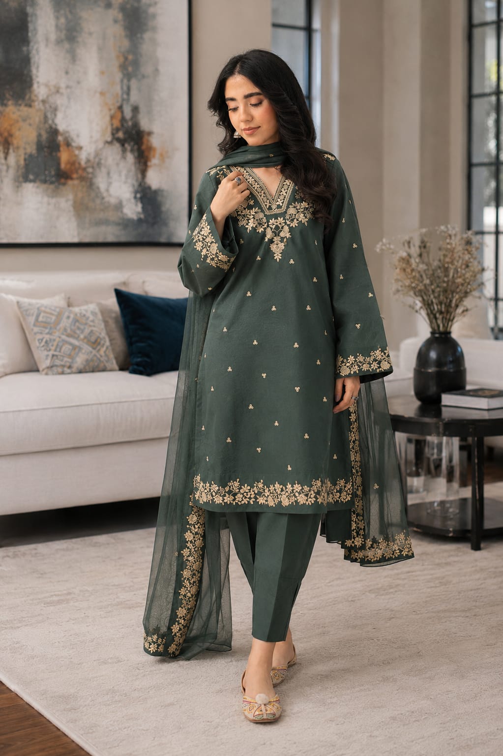 Summer Unstitched 3PCs Sequin  Embroidered Lawn Dress With Net Dupatta - 487