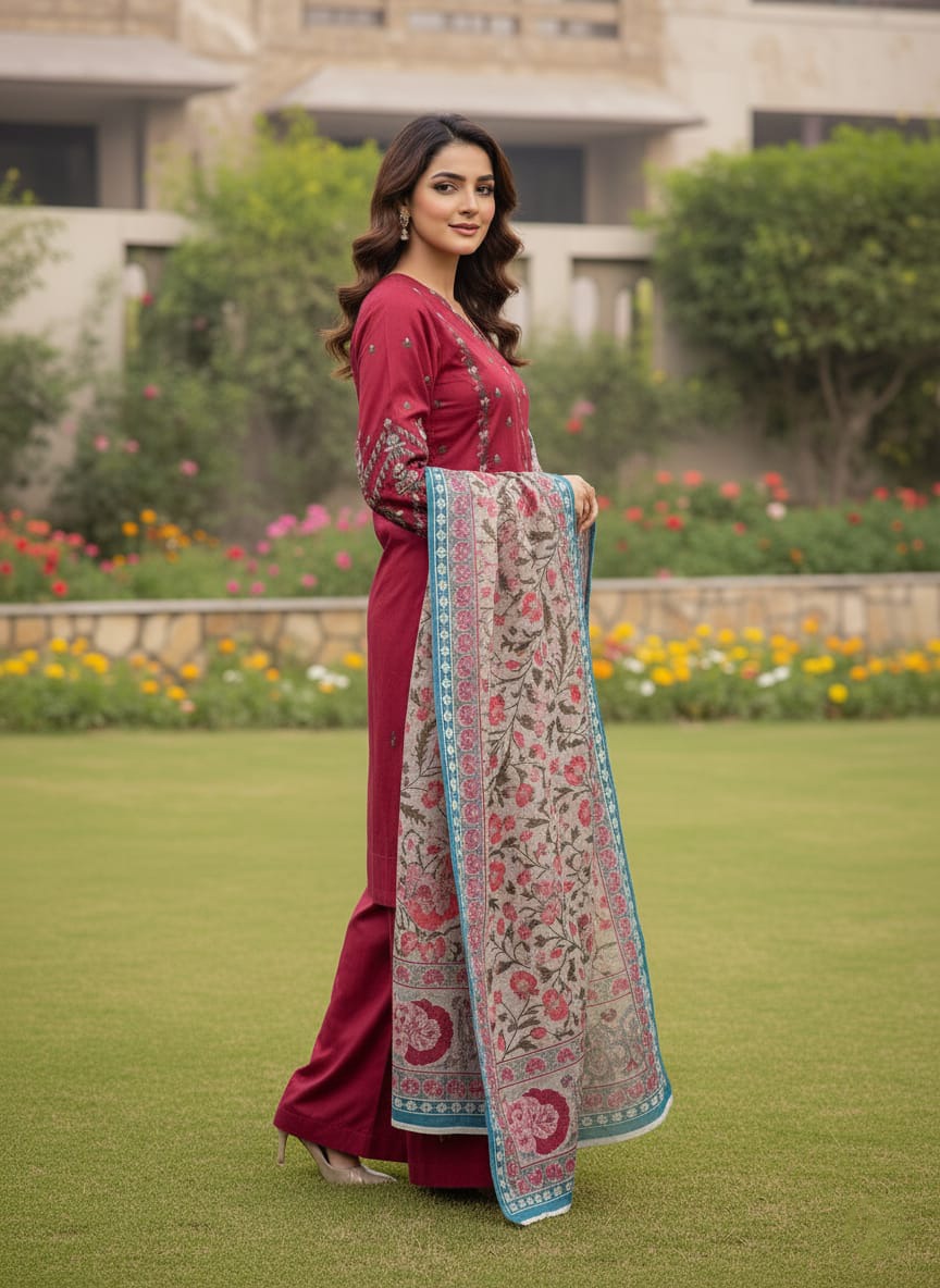 Khaddar 3 Piece Embroidered Dress - 399