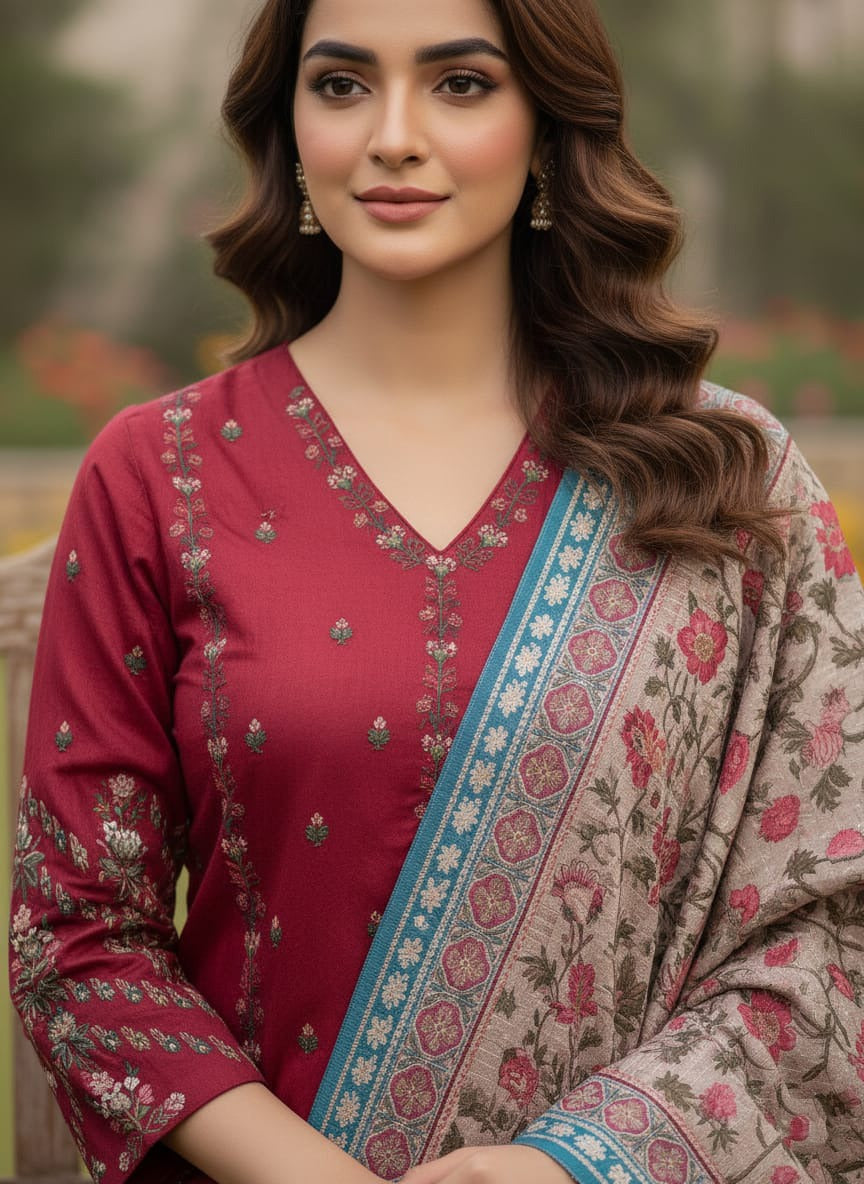 Khaddar 3 Piece Embroidered Dress - 399
