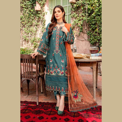 Summer Unstitched 3PCs Embroidered Lawn Dress With Polyester Chiffon Dupatta   -353