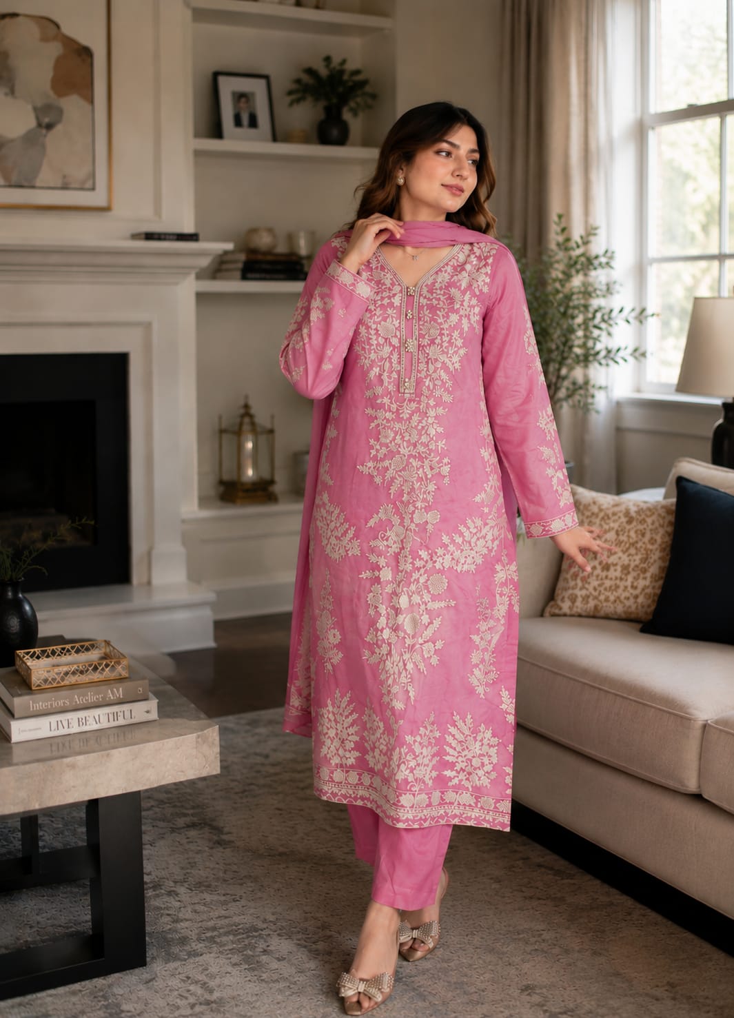 Summer Unstitched 3PCs Embroidered Lawn Dress With Net Dupatta - 484