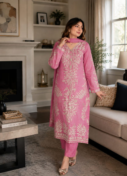 Summer Unstitched 3PCs Embroidered Lawn Dress With Net Dupatta - 484