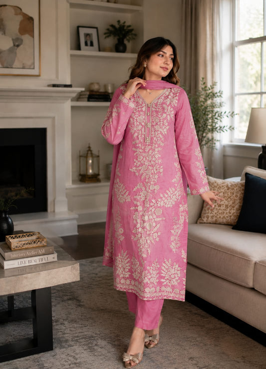 Summer Unstitched 3 Piece Embroidered Lawn Dress With Net Dupatta - 484