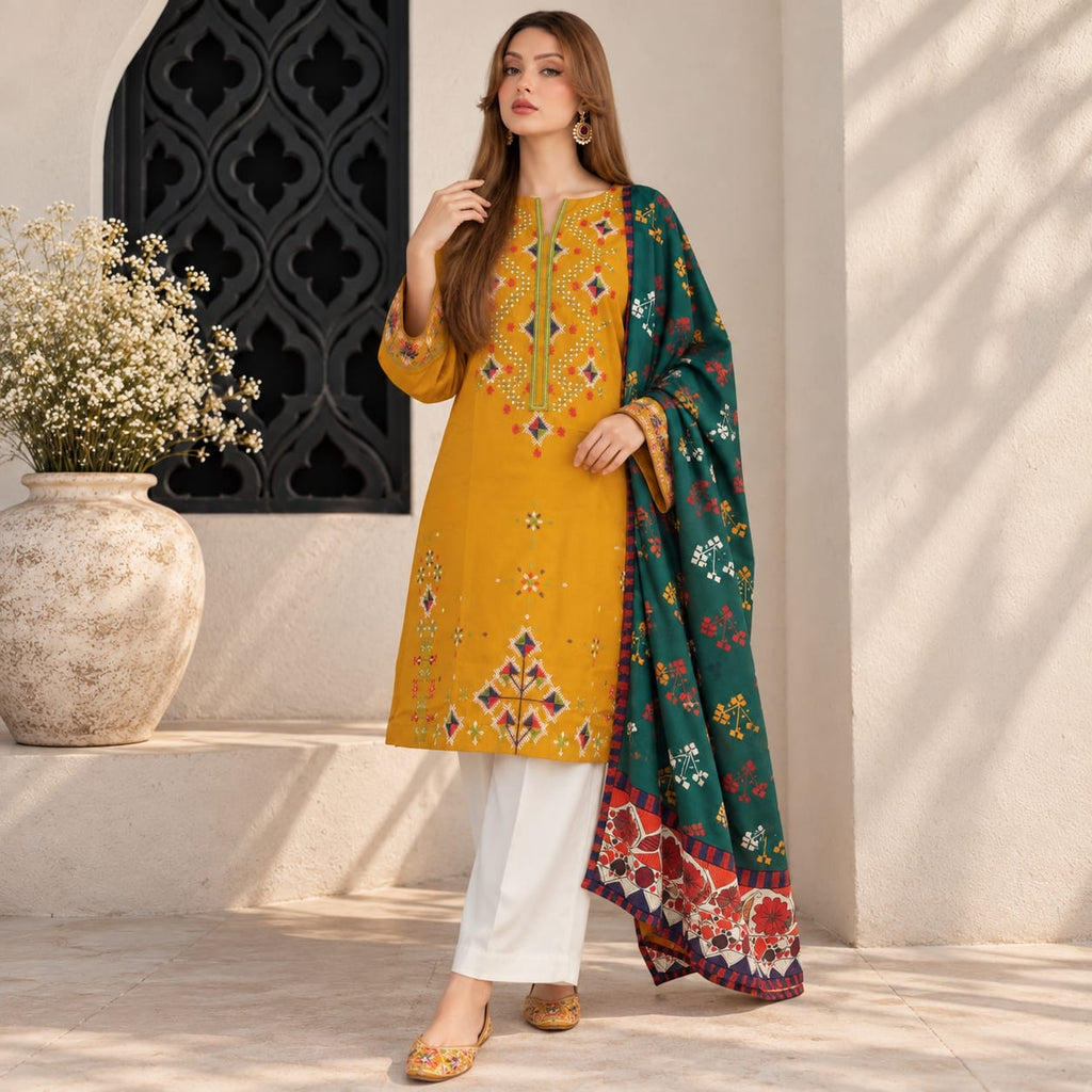 Winter Stitched Dhanak 3 Piece Embroidered Dress - TW 15