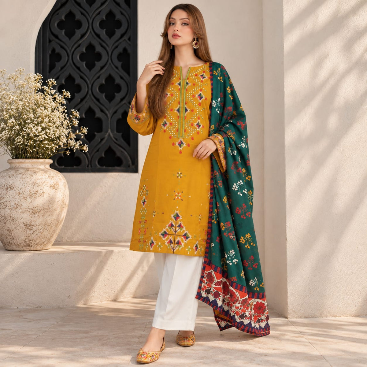 Winter Stitched Dhanak 3 Piece Embroidered Dress - TW 15