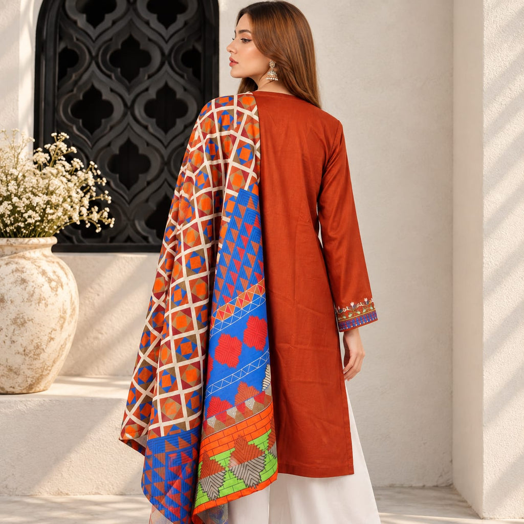 Winter Stitched 3PC Dhanak Embroidered Suit - TW 16
