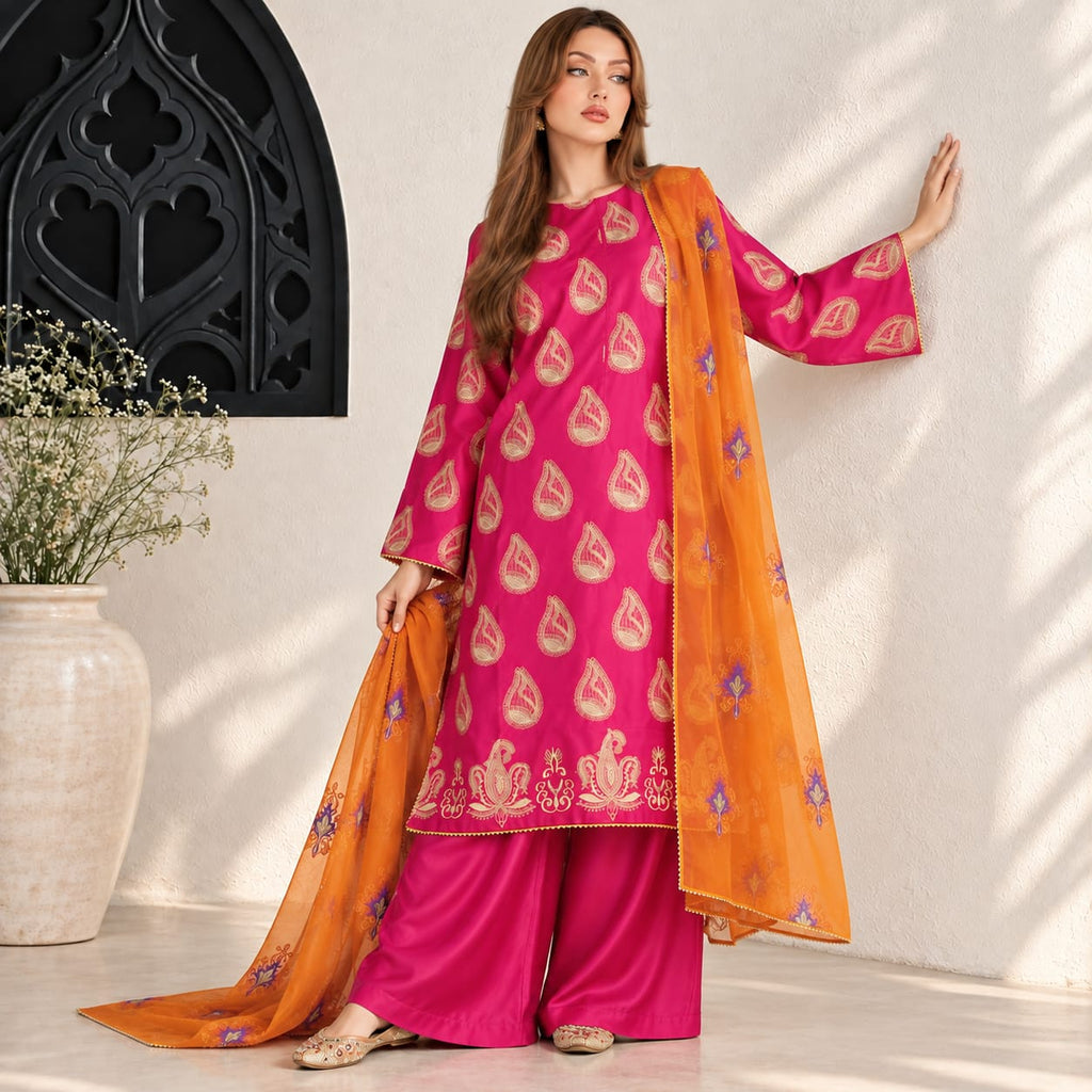 Winter Stiched 3 Piece Kataan Silk Embroidered Dress - TW 25