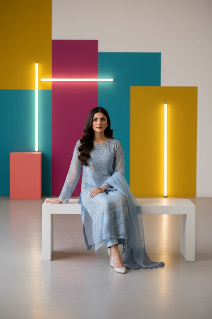 Embroidered 3pc Organza Dress with Organza Duppata  - 150